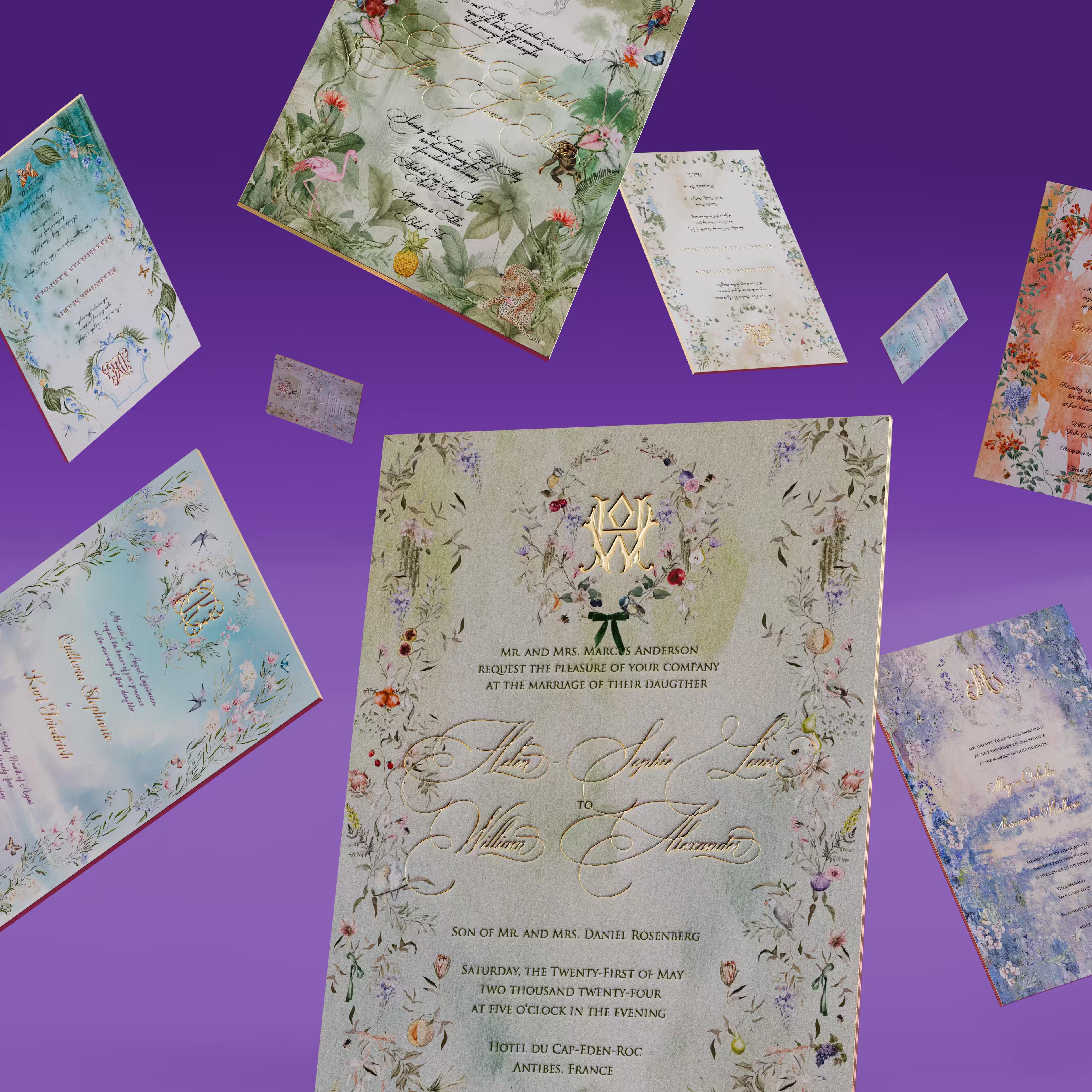 Showcase of diverse font styles for wedding invitations, emphasizing customization options.