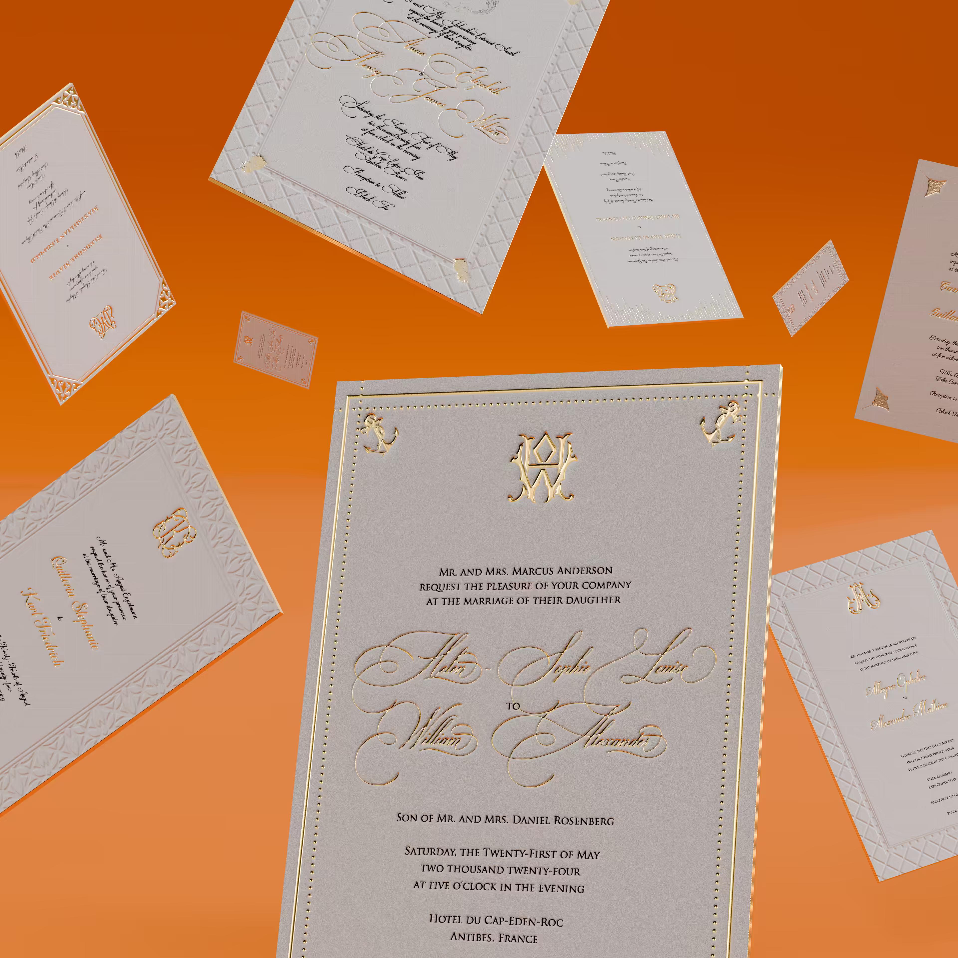 Interactive wedding invitation customization process, highlighting foil frames and charms.