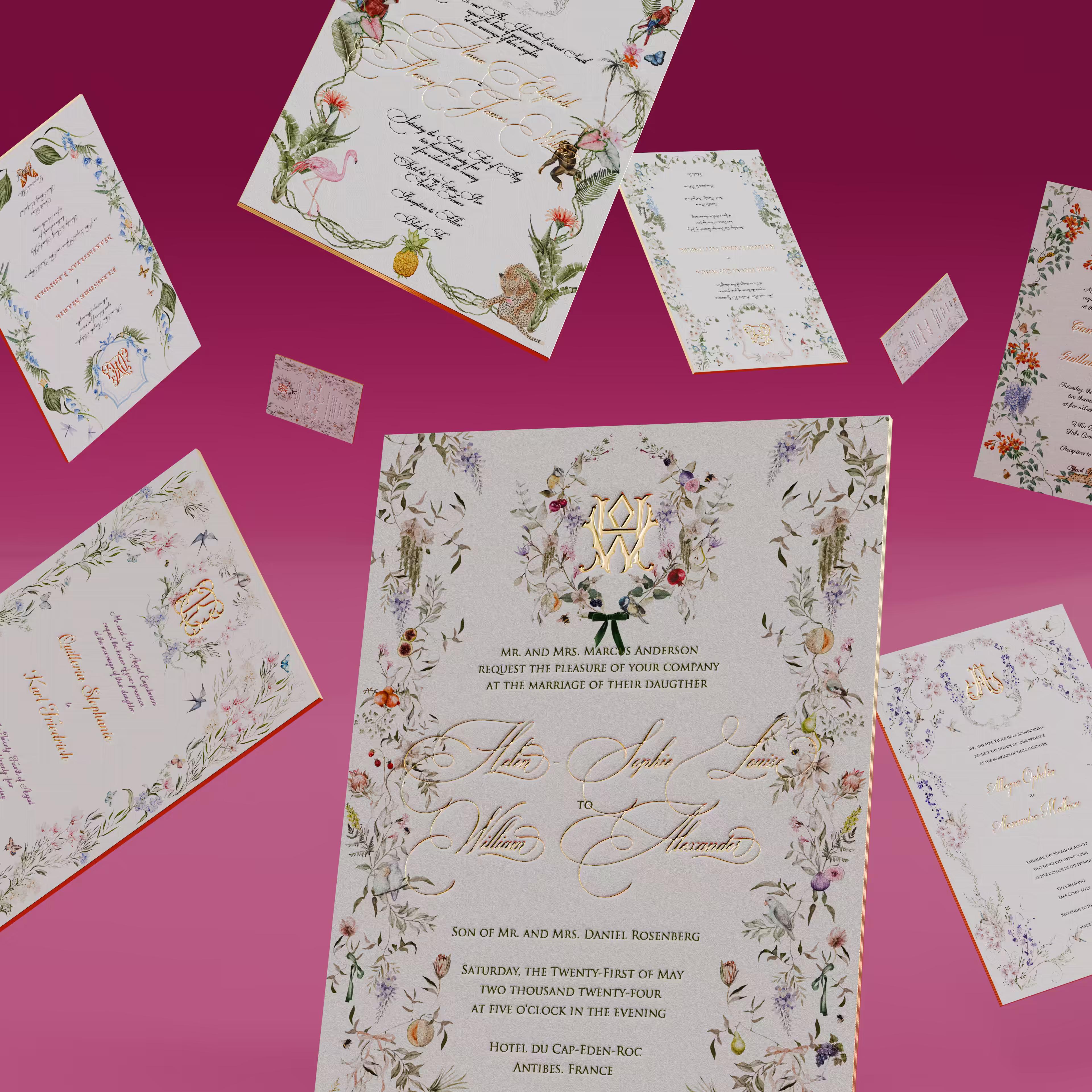 Gallery of handcrafted wedding invitation designs, from floral to minimalist themes.